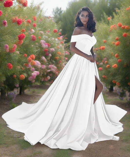 👰: Off Shoulder Wedding Dress 2025 - Plus Size Ball Gown with Slit & Train