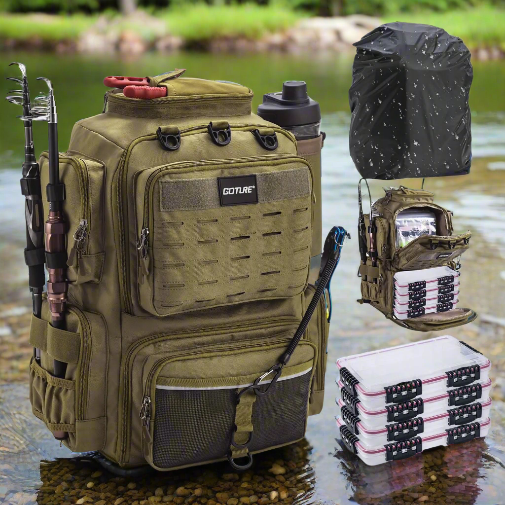 🎣 Goture 45L Fishing Backpack with 4 Tackle Boxes - Large 600D Storage Bag with Rod Holders