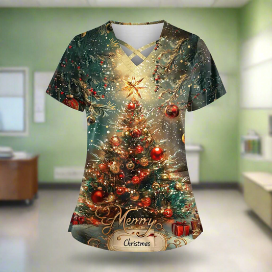 🎄 Christmas Scrub Top Plus Size - Festive Holiday Medical Uniform