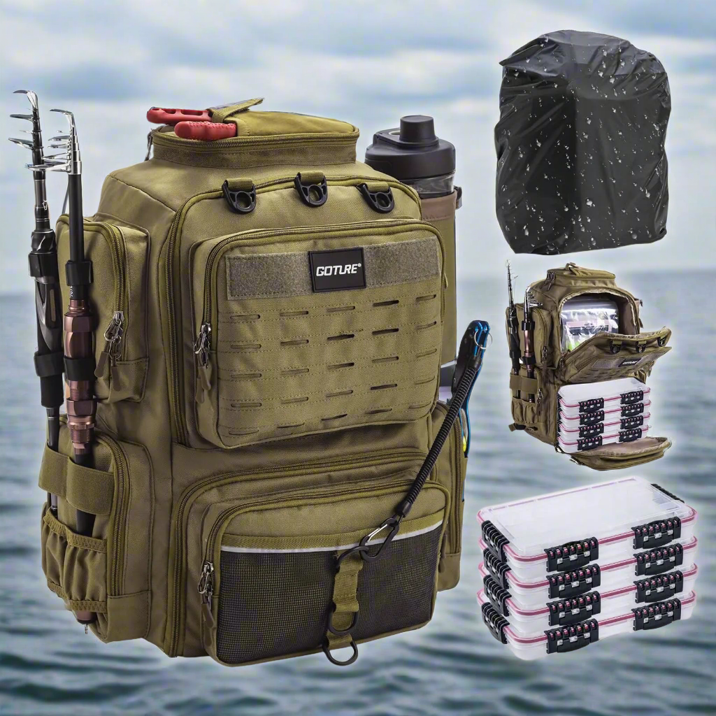 🎣 Goture 45L Fishing Backpack with 4 Tackle Boxes - Large 600D Storage Bag with Rod Holders