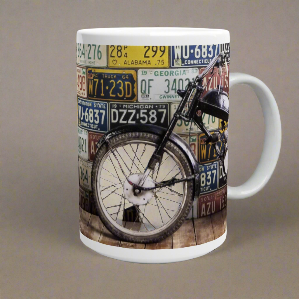☕: White 15oz Ceramic Mug - Classic Motorcycle Design
