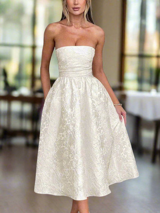 👗: Basgute Floral Jacquard Satin Tea Length Prom Dress - Ivory Strapless A-Line Midi Formal Gown