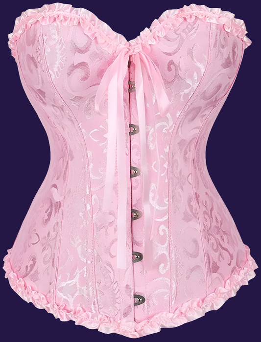 💗: Women's Pink Floral Satin Corset - Lace-Up Overbust Bustier