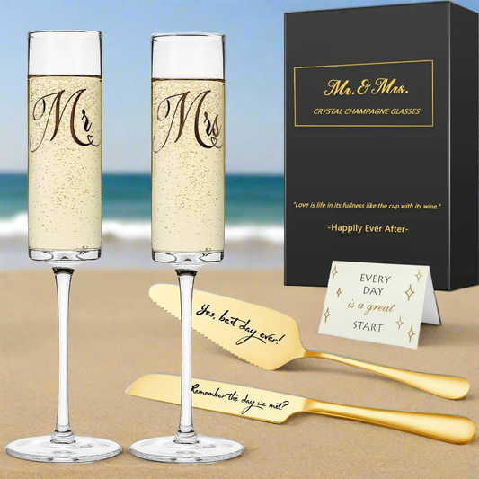 🥂: Yeegook Premium Mr & Mrs Champagne Flutes - Wedding Glasses with Cake Cutting Set & Gift Box
