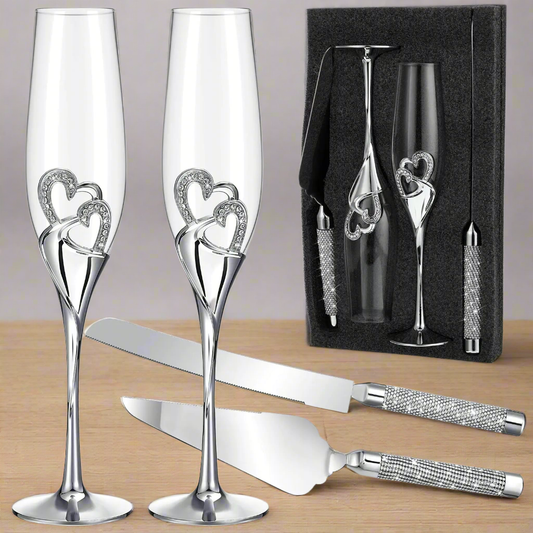 🥂: Zhehao Premium Wedding Champagne Flutes & Cake Knife Set - Silver Rhinestone Heart Collection
