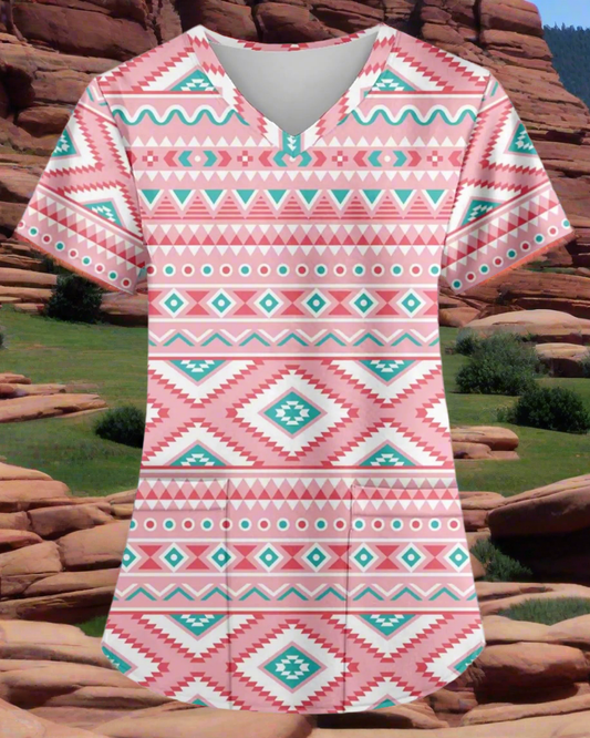 🏺 AMOMA Aztec Print Scrub Shirt - Native American V-Neck Nursing Top Light Pink