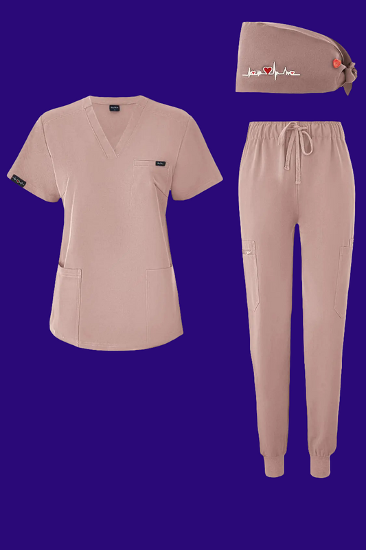 👩‍⚕️ BuyiRen Women's Scrubs Set with Cap - V-Neck Top & Jogger Pants 11 Pockets