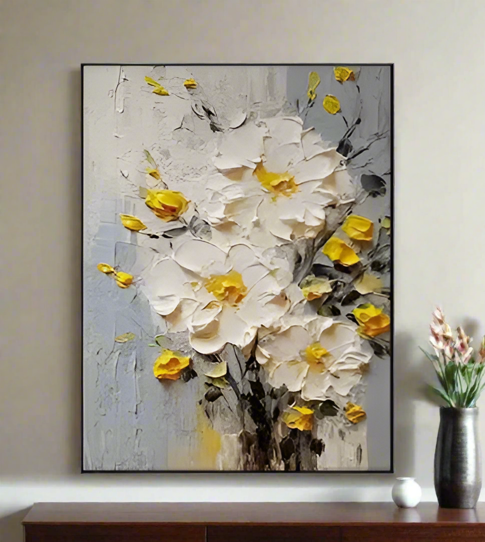 Nordic Abstract Cream Flower Hand-Painted Oil Painting for Living Room Decor