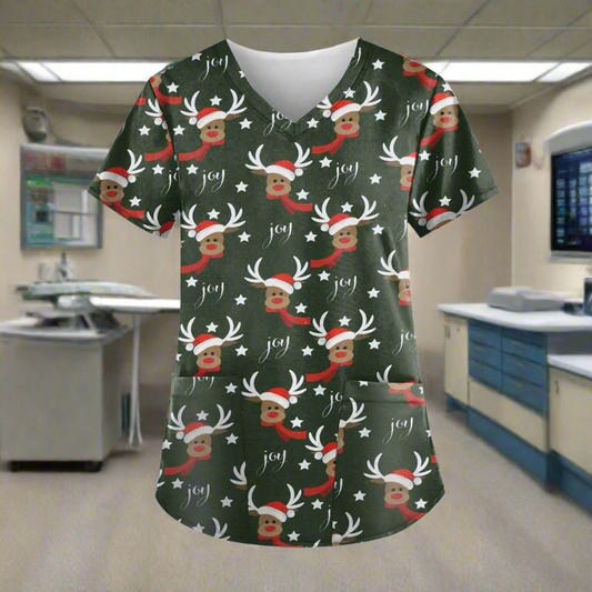🎄 Green Christmas Scrub Top 5XL - Funny Holiday Nursing Uniform