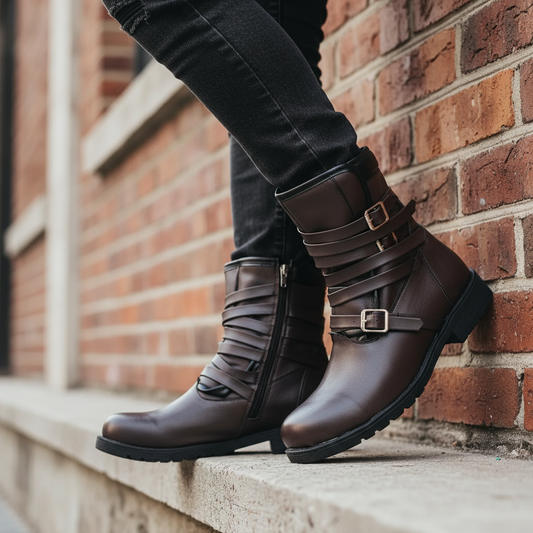 Brown Leather Buckle Boots Lifestyle