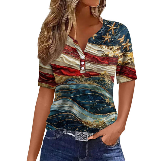 👔: Women's 4th of July V-Neck Patriotic Top – Short Sleeve Dressy Casual Blouse in Navy