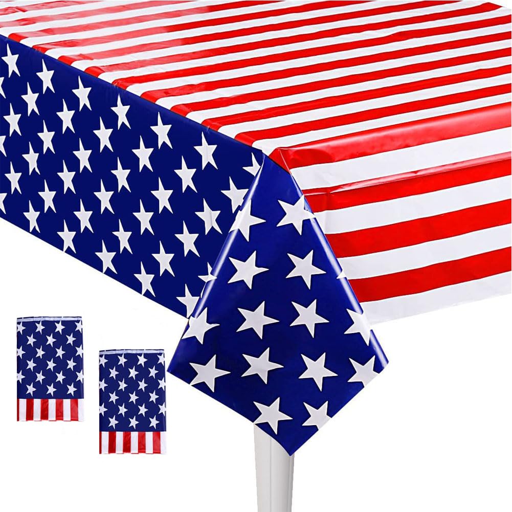 🎉: 4th of July Patriotic Tablecloth 2-Pack – 54x108" Disposable Plastic USA Table Covers
