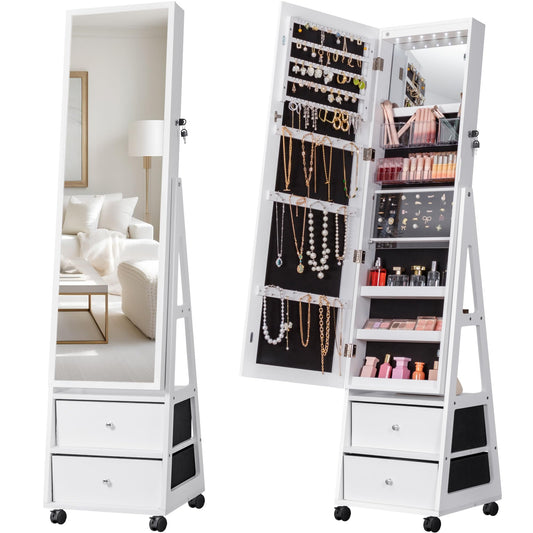💎: Furmax 360° Swivel LED Mirror Jewelry Cabinet – Full-Length Standing Lockable Armoire with 2 Drawers in White