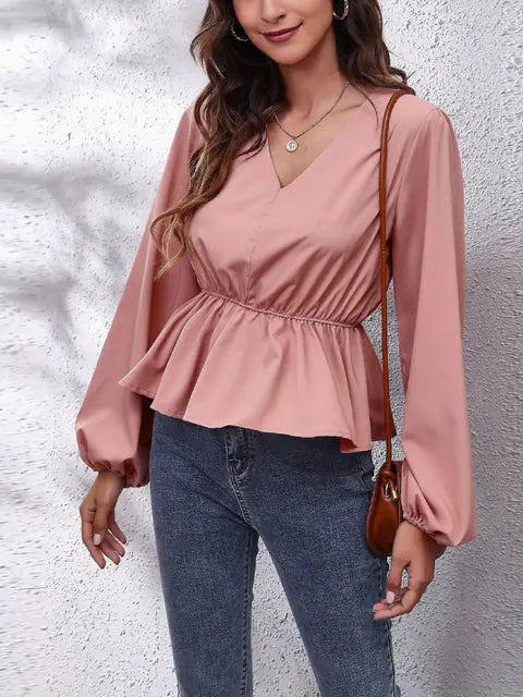 👚 Women's Lantern Sleeve Blouse - Elegant Waist-Tight Casual Office Shirt