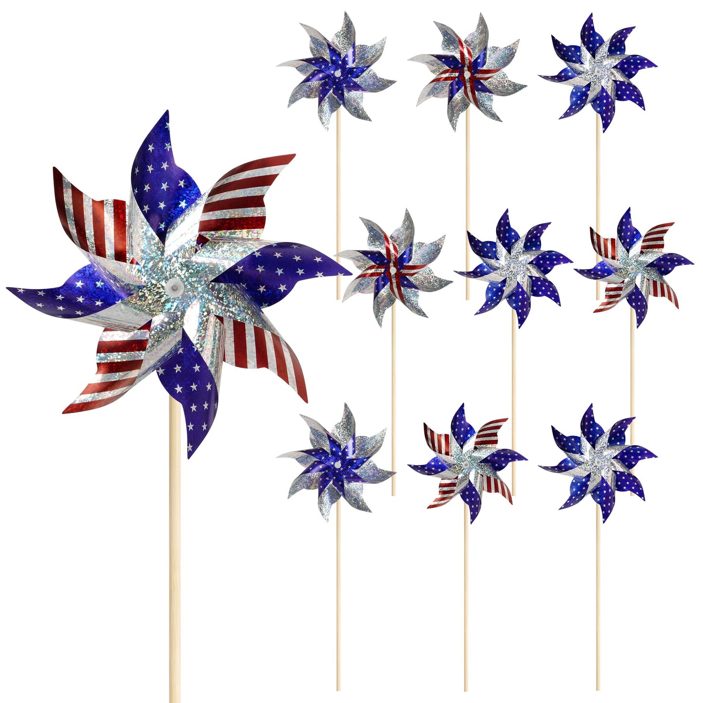 🌀: 4th of July Reflective Pinwheels 10-Pack - Red White Blue Patriotic Wind Spinners for Yard & Garden