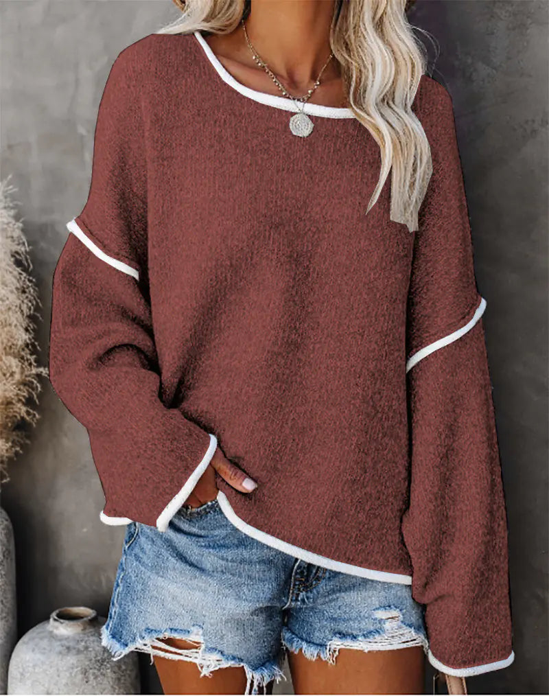 👕: Casual Round Neck Long-sleeved Sweater Top in Solid Colors