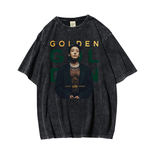 👕: Jungkook Golden Photo Print T-Shirt - K-Pop Merch Distressed Cotton Tee