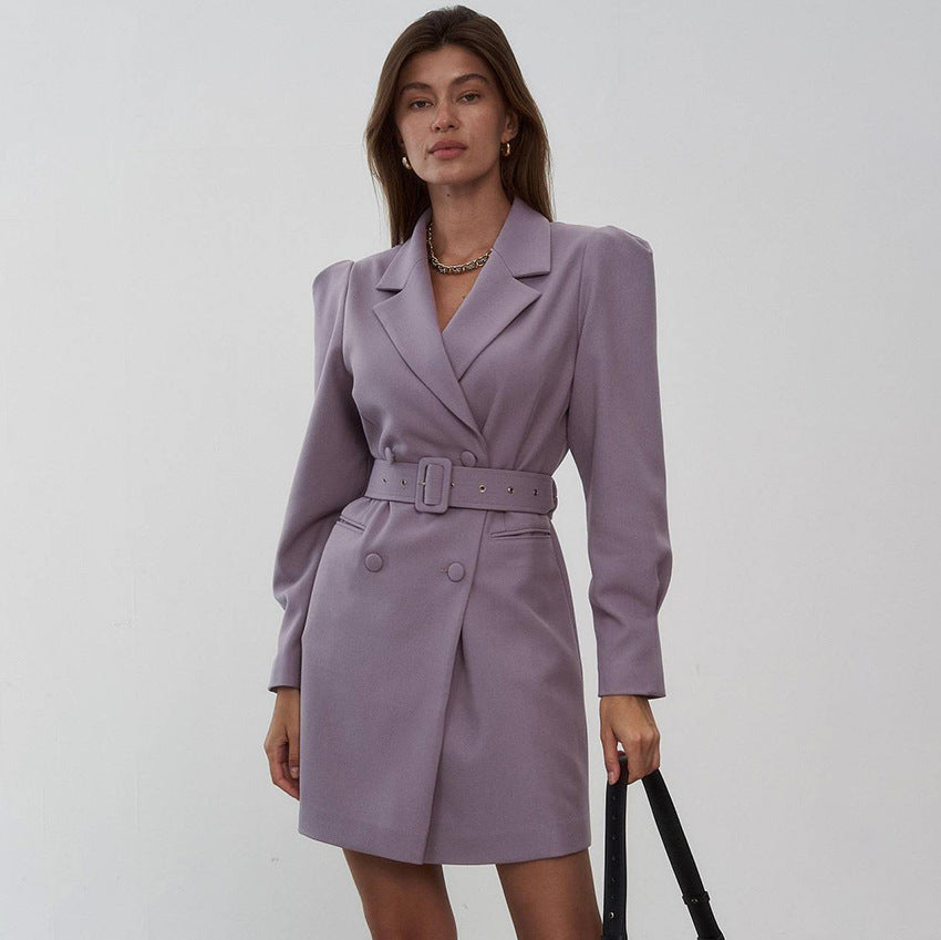 👗: French Style Women's Business Suit Dress — Puff Sleeve High Waist | Khaki & Light Purple