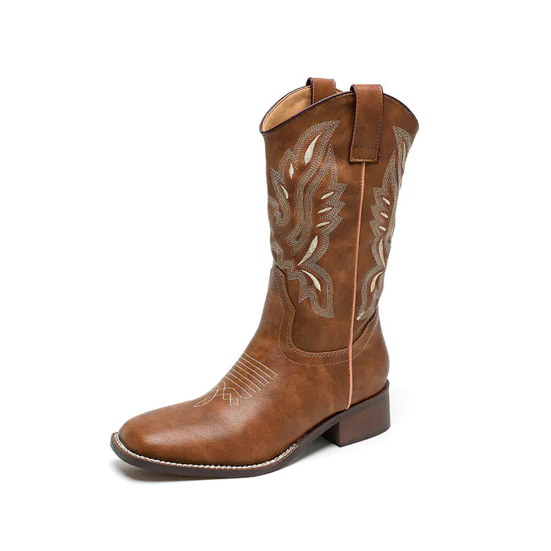 🥾: Embroidered Women's Mid-Calf Martin Boots - Waterproof Leather Lined