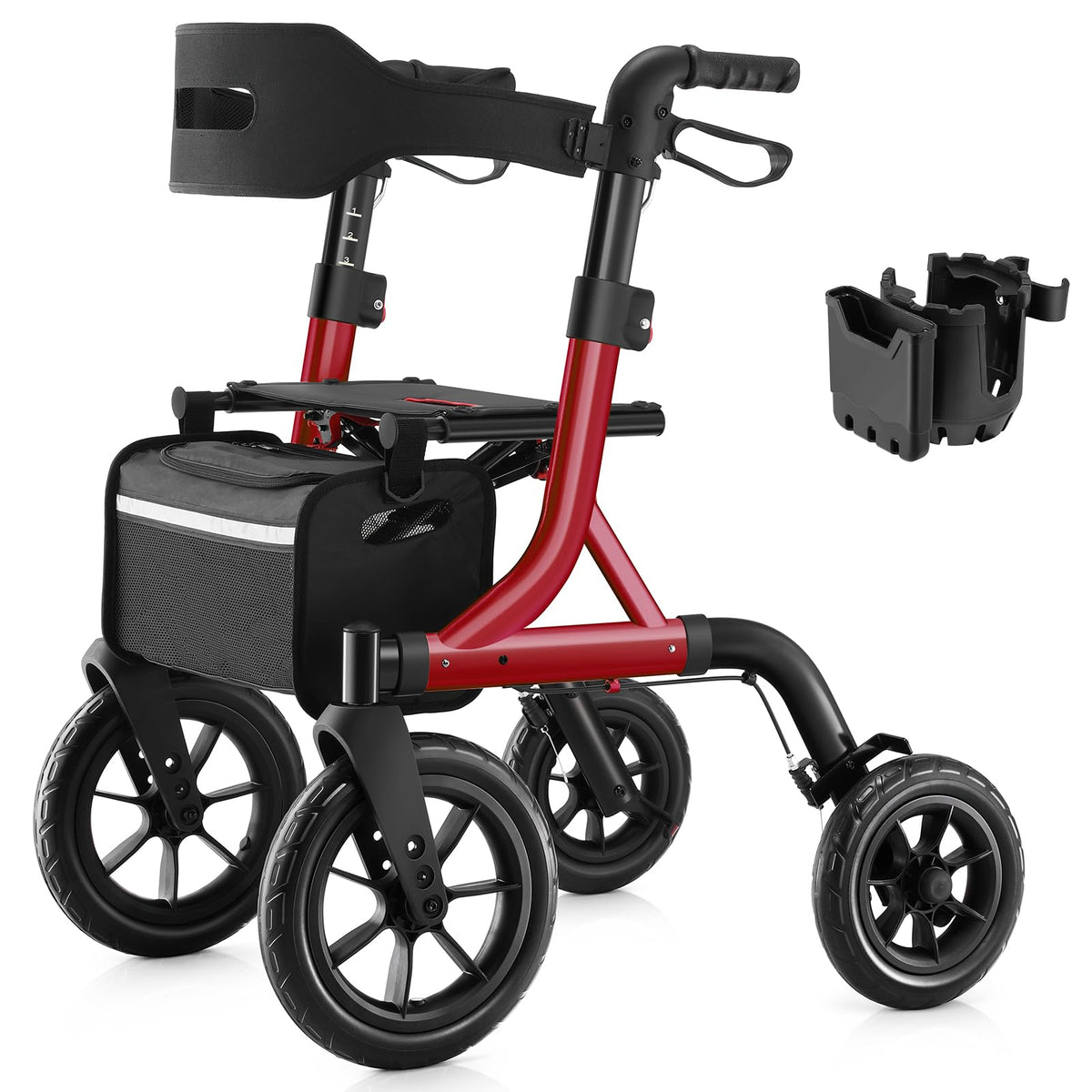 🦳: MAXWALK Rollator Walker for Seniors — 12" All-Terrain Wheels, Padded Seat, Backrest & Cup Holder | 300 LB Capacity | Red