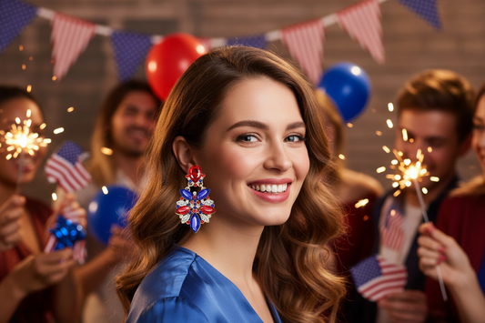 💎: 4th of July Red White Blue Marquise Crystal Flower Dangle Earrings – Patriotic Statement Jewelry