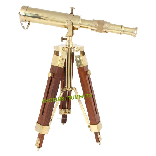 🔭: Vintage Brass Nautical Telescope on Wooden Tripod Stand — 9" Desktop Rustic Home Decor & Outdoor Adventure Gift
