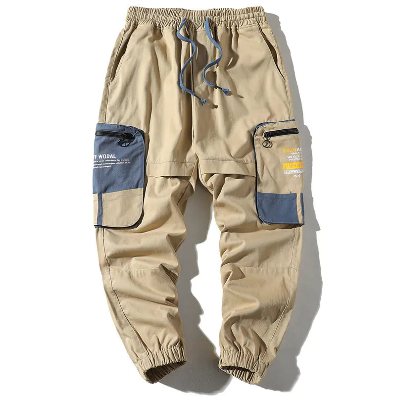 👖: Color-Blocked Cargo Pants with Large Pockets - Men's Streetwear Cotton