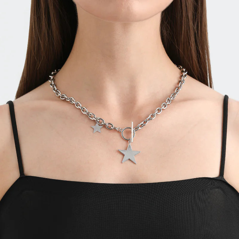 ⭐: Kpop Fashion Steel Star Pendant Choker Necklace