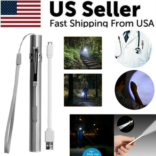🔦 5" LED USB Rechargeable Mini Tactical Flashlight - Stainless Steel Pen Light
