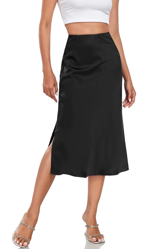 👗: Women's Silk Satin Midi Skirt - High Waist A-Line with Ruffle & Side Slit