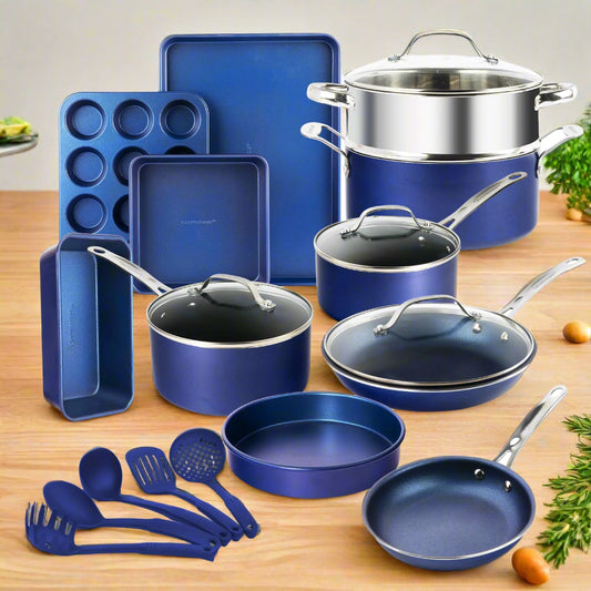 💎 GRANITESTONE Blue 20-Piece Diamond Coated Nonstick Cookware Set - Granite Collection