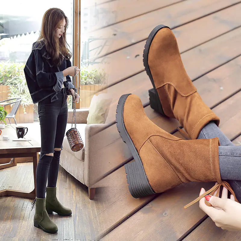 🥾: Suede Chunky Heel Slip-Resistant Mid-Calf Martin Boots - Safety & Style