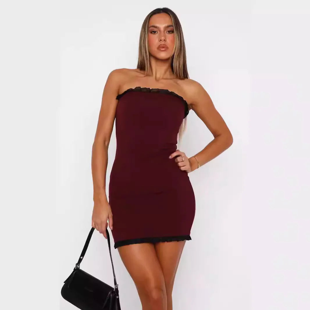 👗: Summer Zipper Lace Fashion Dress - Off Shoulder Tube Top with Bag Arm Detail