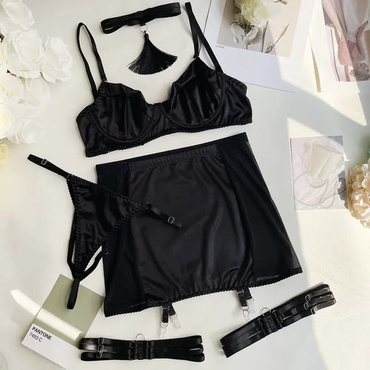 🌙: 5-Piece Women's Satin Choker Lingerie Set with Garter – Premium Intimate Apparel
