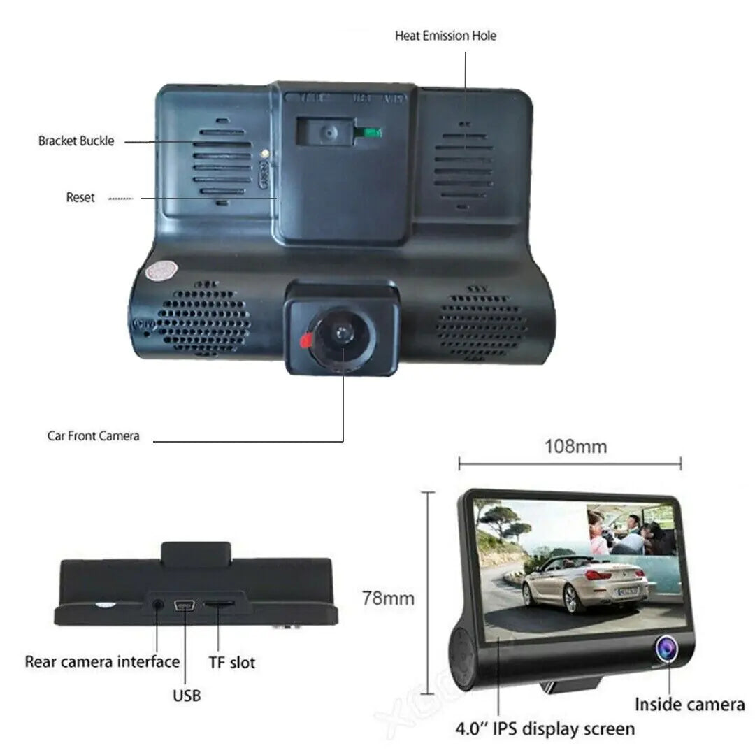 📹: 1080P 4" Dual Lens Car DVR - HD Rearview Dash Cam with G-Sensor