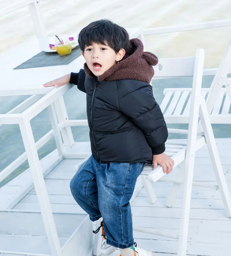 🧸: Cute Teddy Hat Cotton Jacket for Kids - Playful Winter Coat