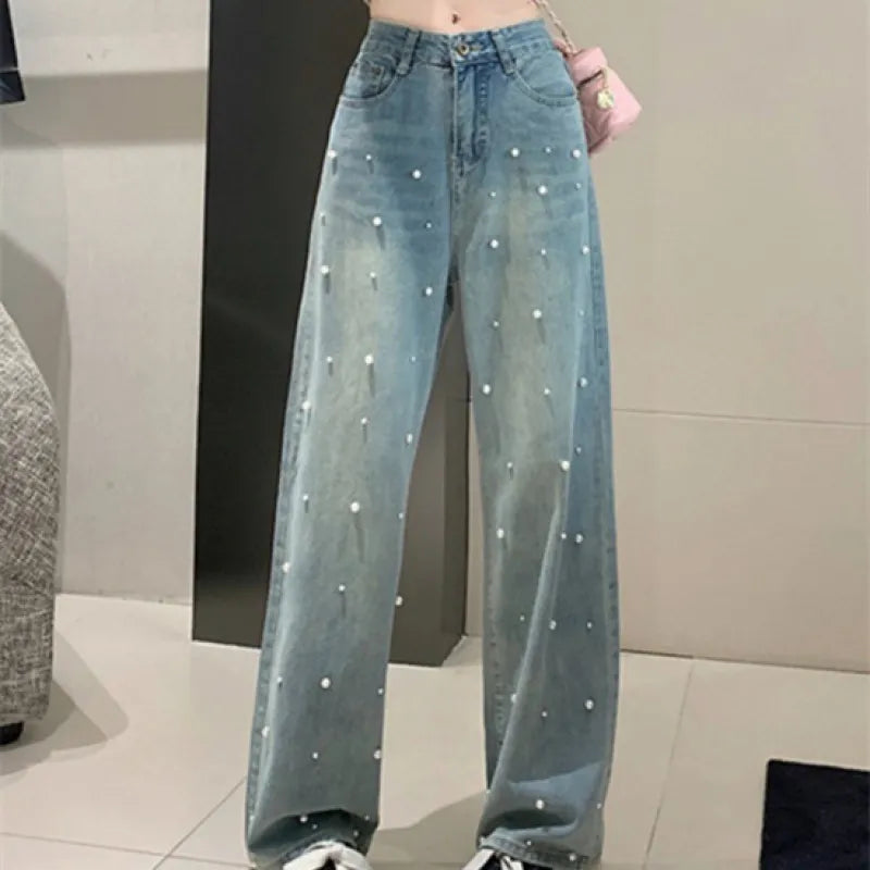 Pearl Straight Jeans High Waist Slim-fit Wide-leg Pants Women