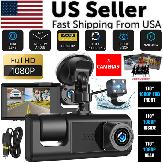 📹 Car Triple Lens Dash Cam - HD 1080P Front/Rear/Inside Video Recorder