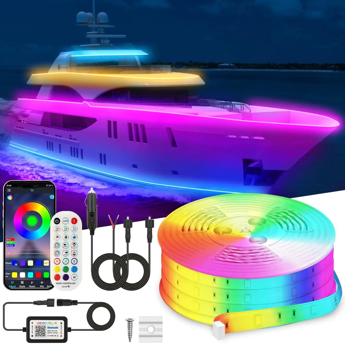 VIDLULTD 50FT Marine Boat Led Strip Lights IP67 Waterproof APP Remote Control Pontoon Lights 12V RGB Boat Interior Deck Lights with Extension Cable for Bass Boat Fishing Boat Yacht