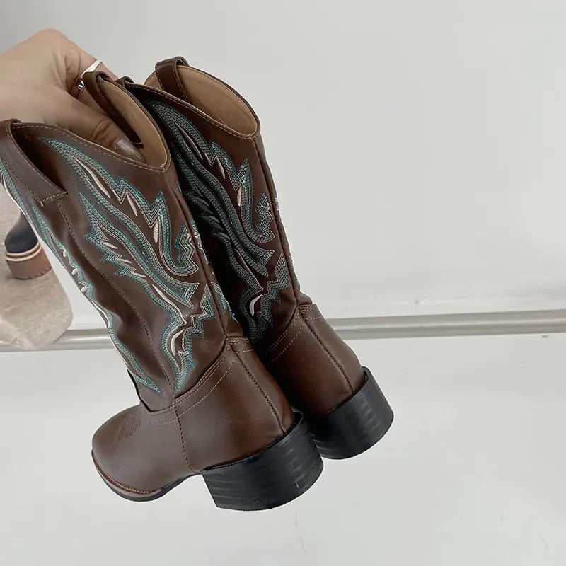 🥾: Embroidered Women's Mid-Calf Martin Boots - Waterproof Leather Lined