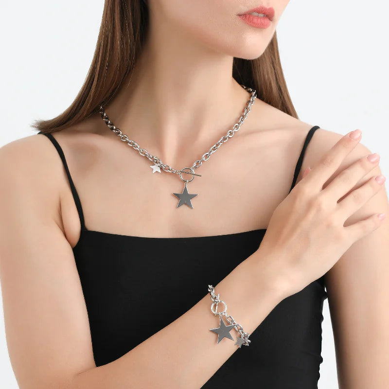 ⭐: Kpop Fashion Steel Star Pendant Choker Necklace