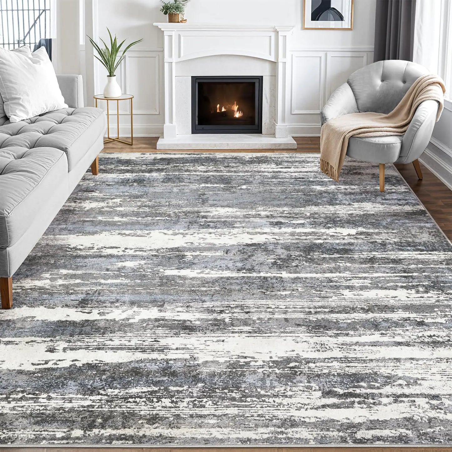 🏠: Modern Abstract 8x10 Area Rug - Black Blue Neutral Aesthetic Washable
