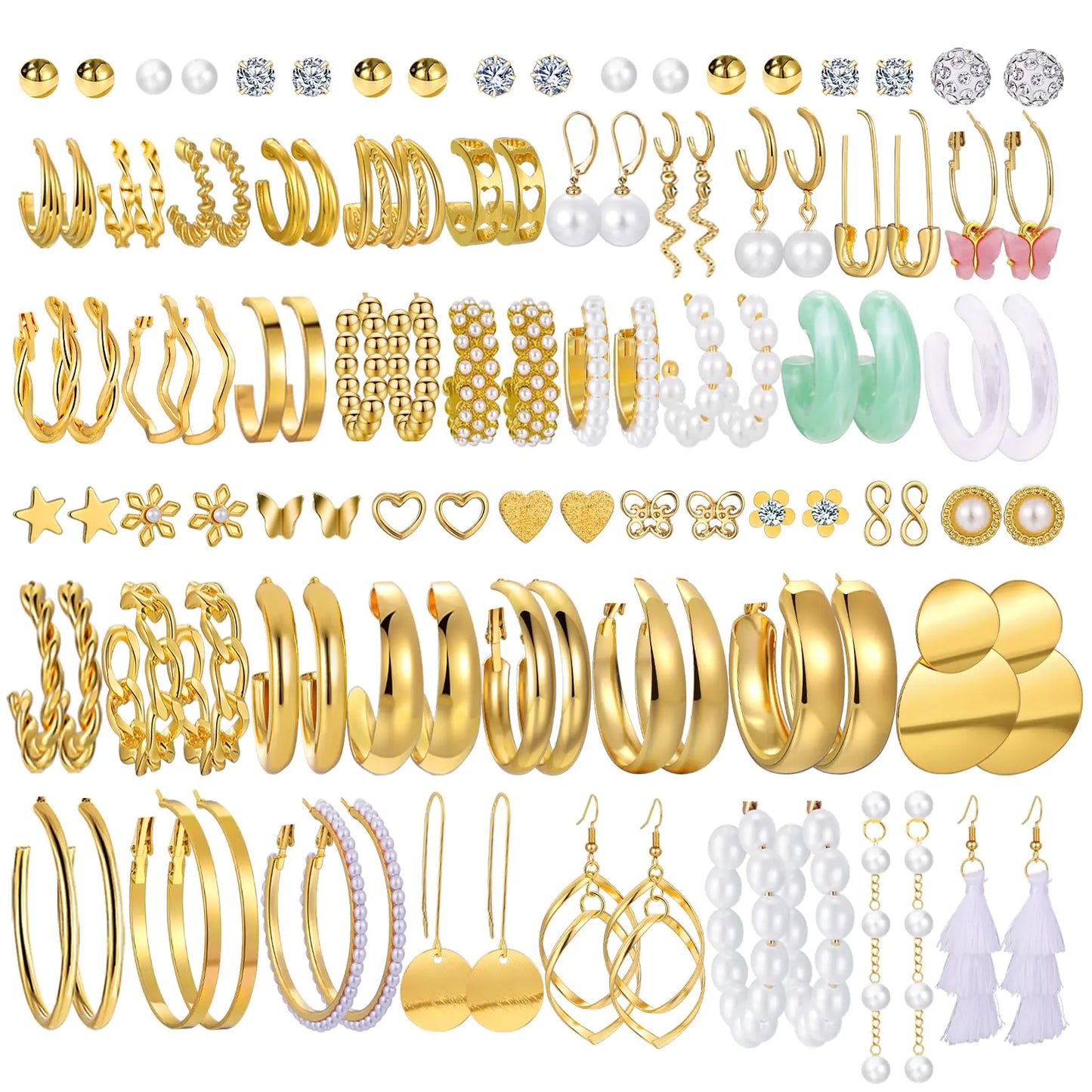 42 Pairs Gold Hoop Earrings Set for Women, Fashion Chunky Pearl Earrings Multipack Twisted Statement Earring Pack, Hypoallergenic Small Big Hoops Earrings for Birthday Party (Gold-54 pairs) Gold-54 pairs