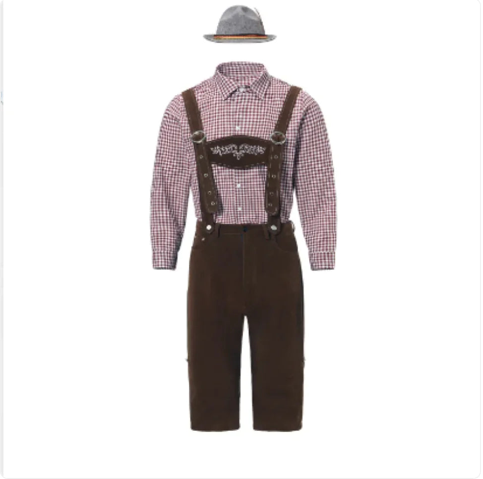 🎃: Men's Oktoberfest Costume - Plaid Shirt, Bib Shorts, & Hat Set