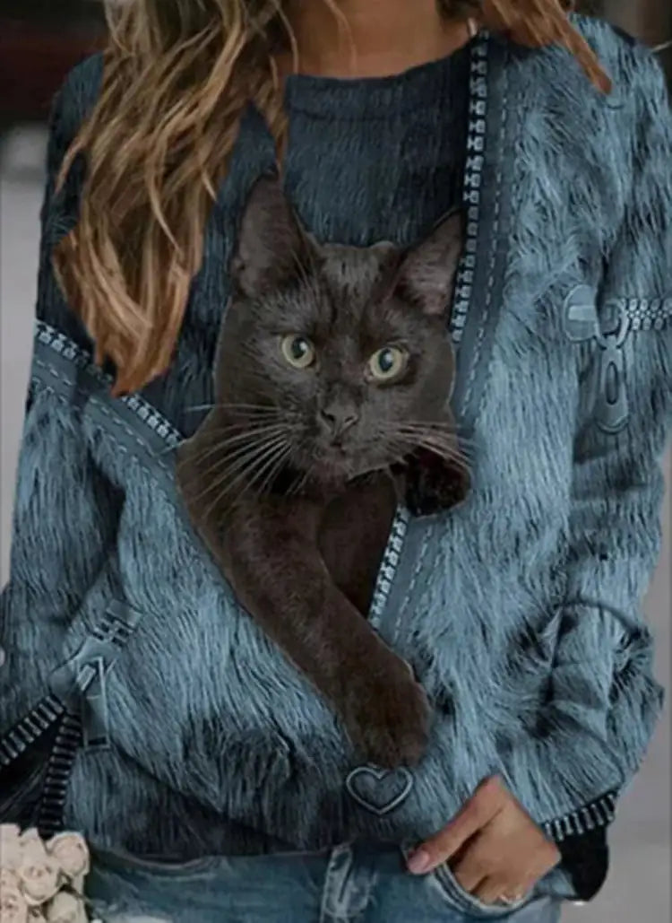 👕: Casual Long-Sleeved T-Shirt with Cartoon Cat Print