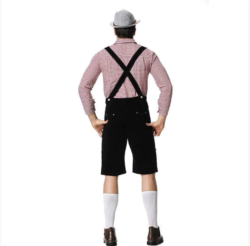 🎃: Men's Oktoberfest Costume - Plaid Shirt, Bib Shorts, & Hat Set