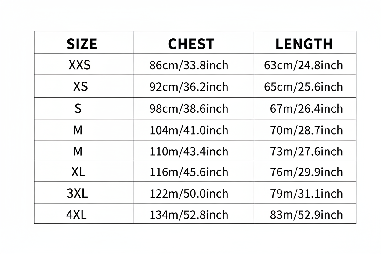 Size Chart - Chest and Length Measurements