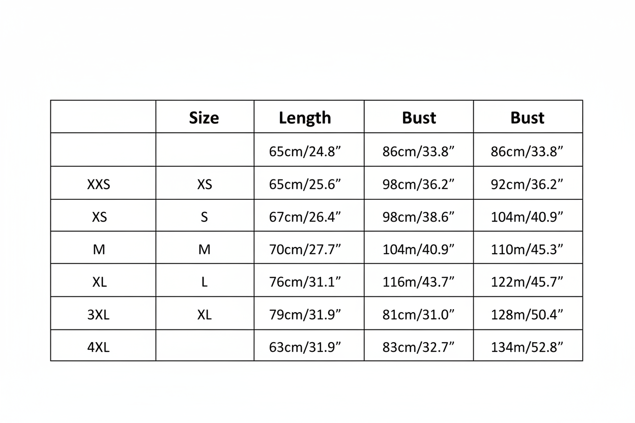 Size Chart - Length and Bust Measurements