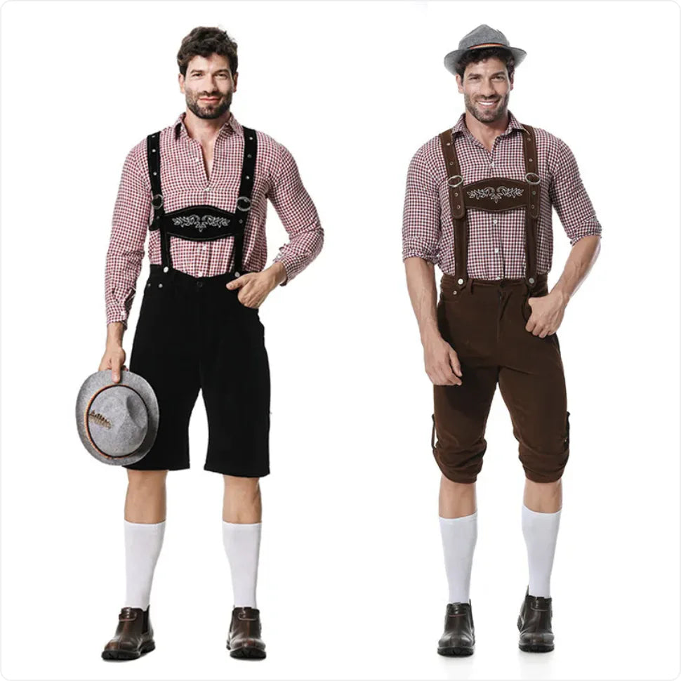 🎃: Men's Oktoberfest Costume - Plaid Shirt, Bib Shorts, & Hat Set