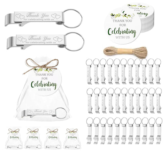 🍺: Premium Wedding Favors 50 Sets - Beer Opener Keychain with Thank You Cards & Organza Bags
